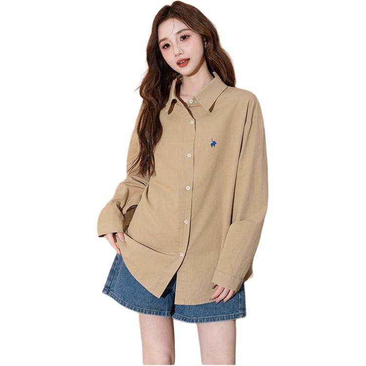 Tonlion Shirts Women's Khaki Lapel Moderate Shirt