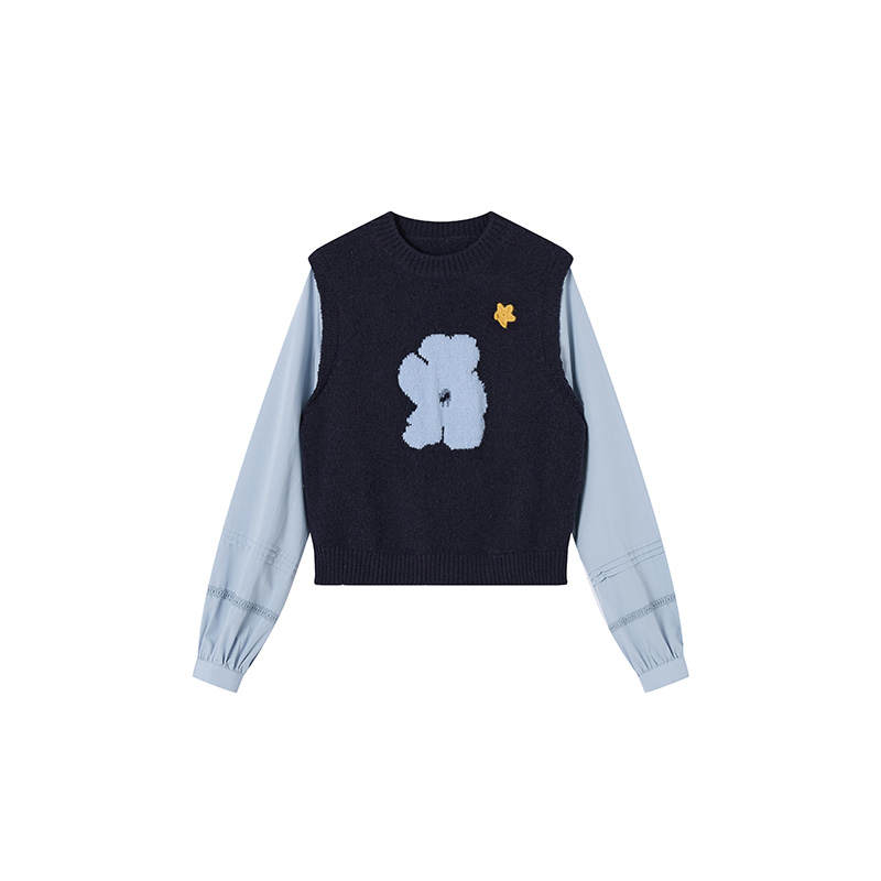 XIANGYING Knitwear Women's Navy Blue Crew Neck Moderate Mock Two Piece