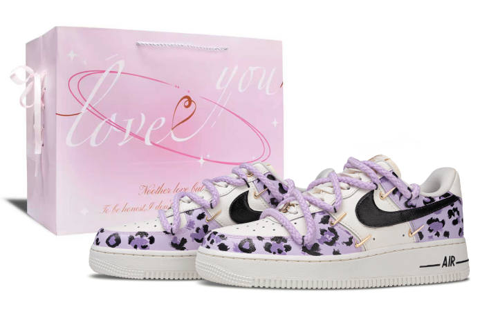 Nike Nike Air Force 1 Purple Leopard Artificial Leather Cushioning Lightweight Low top Skateboard Shoes Unisex White Purple
