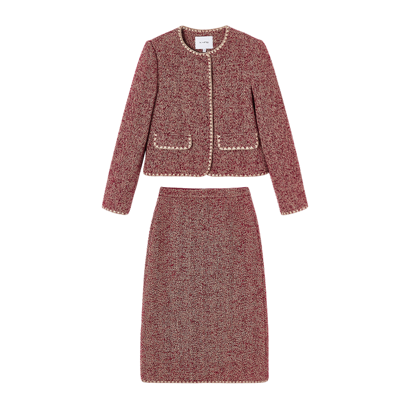 XIANGYING Two Piece Skirt Sets Women's Burgundy Crew Neck Moderate Mid Length