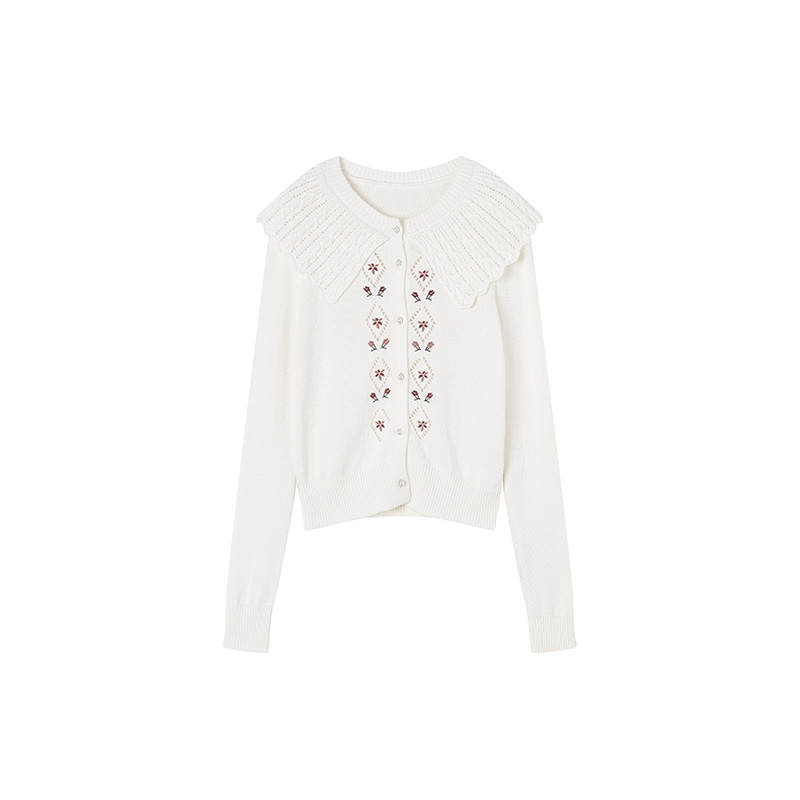 XIANGYING Knitwear Women's Heron White Peter Pan Collar Moderate Cardigan