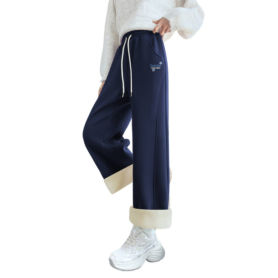 Tonlion Casual Pants Women's Thickened And Fleece Lined Wide Leg Pants