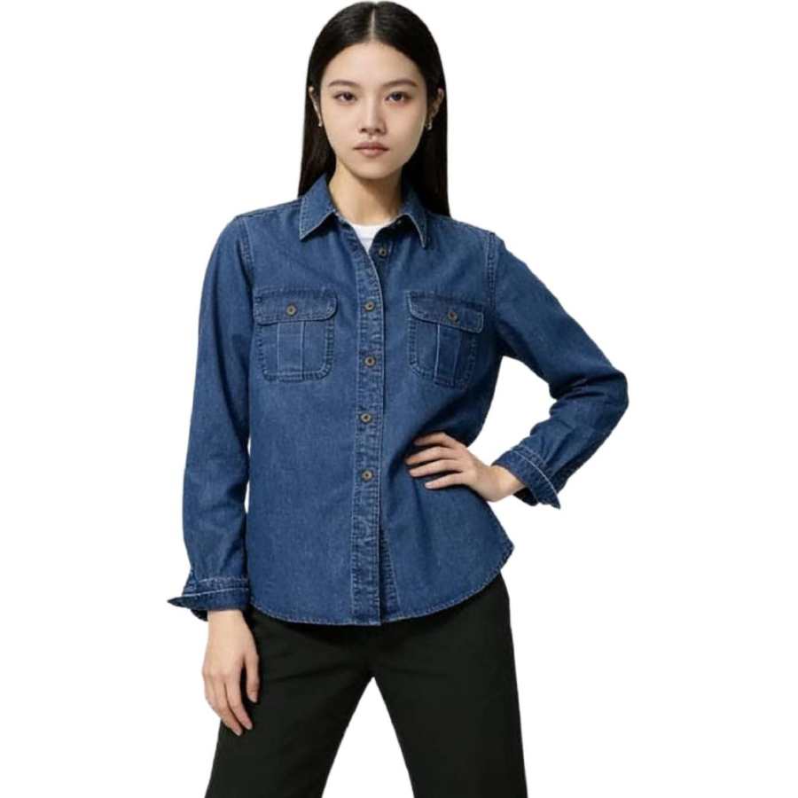 UNIQLO Shirts Women's Sea Blue Lapel Moderate Denim