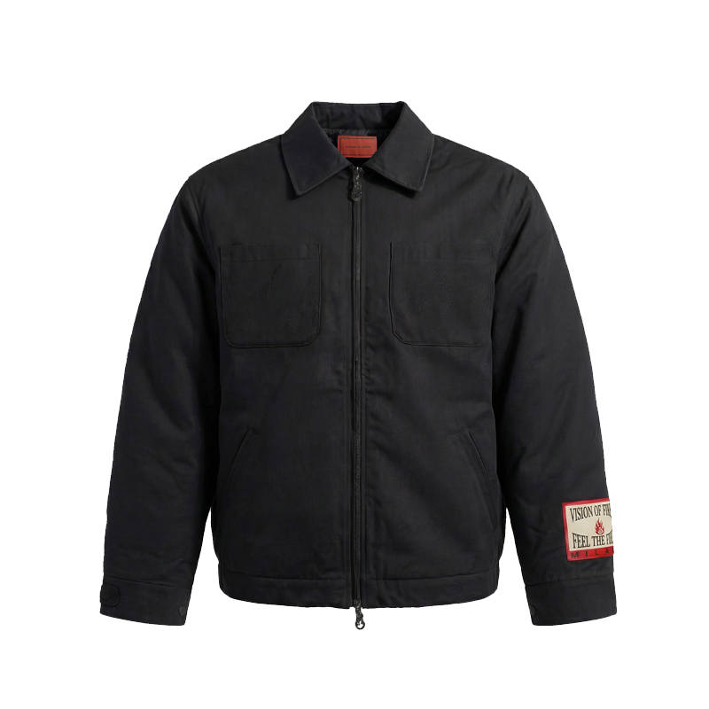 Vision Of Super | VOS Flame Embroidery Double Zippers Padded Coat Fleece Lined Loose Fit Workwear Jacket Unisex