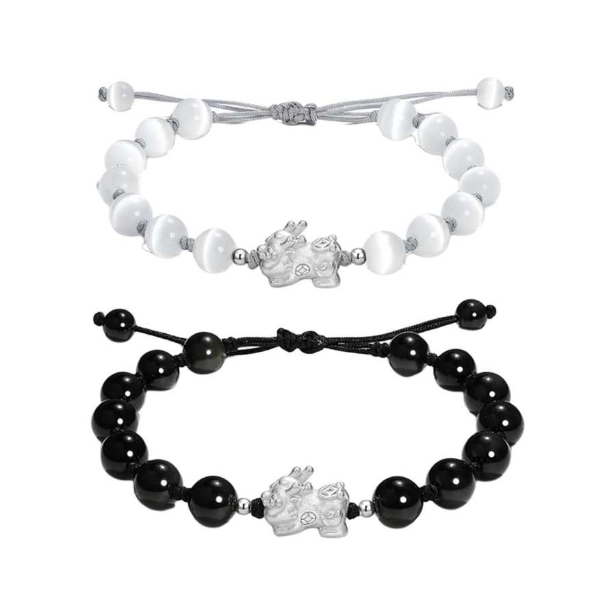 YINCHIE 999 Fine Silver Glass Cat's Eye Obsidian Beaded Bracelets Unisex