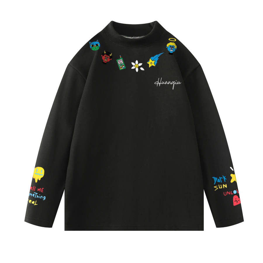 HUANQIU T Shirts Unisex Crew Neck Thickened And Fleece Lined Straight Fit