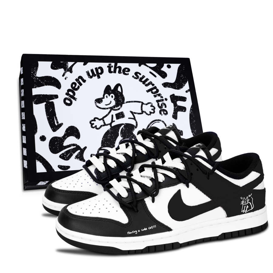 Nike Nike Dunk Black White Meow Fun Leather Abrasion Resistant Low top Skateboard Shoes Unisex Black