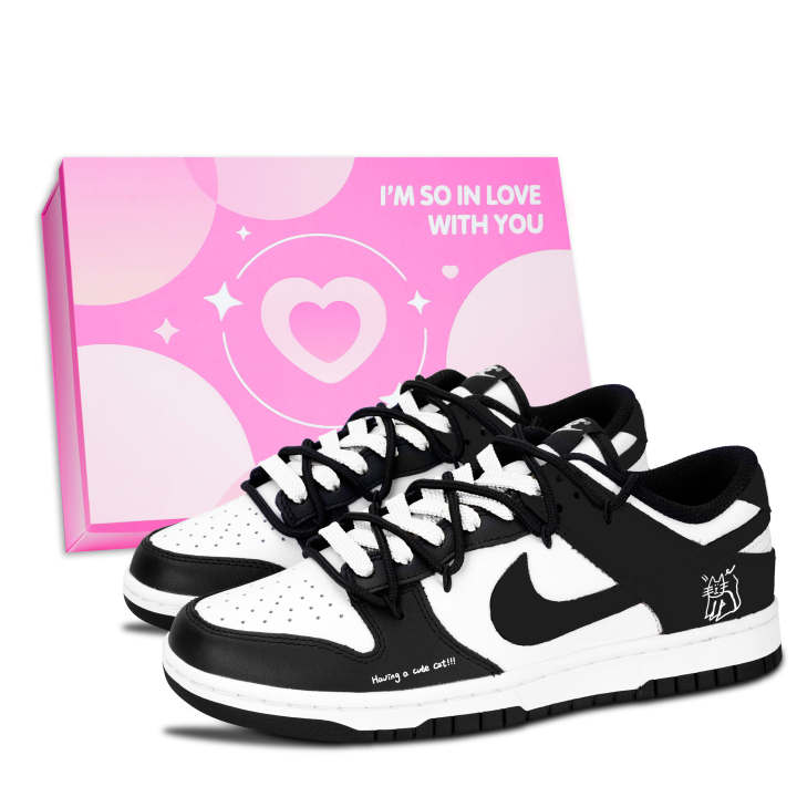 Nike Nike Dunk Black White Meow Fun Abrasion Resistant Low top Skateboard Shoes Unisex Black