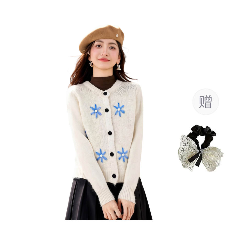 CPAURA Knitwear Women's Ecru+Hair Tie Comes With Crew Neck Moderate Cardigan