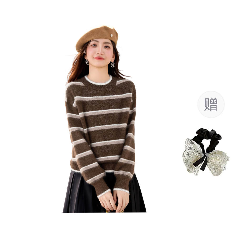 CPAURA Knitwear Women's Coffee+Hair Tie Comes With Crew Neck Moderate Base Layer