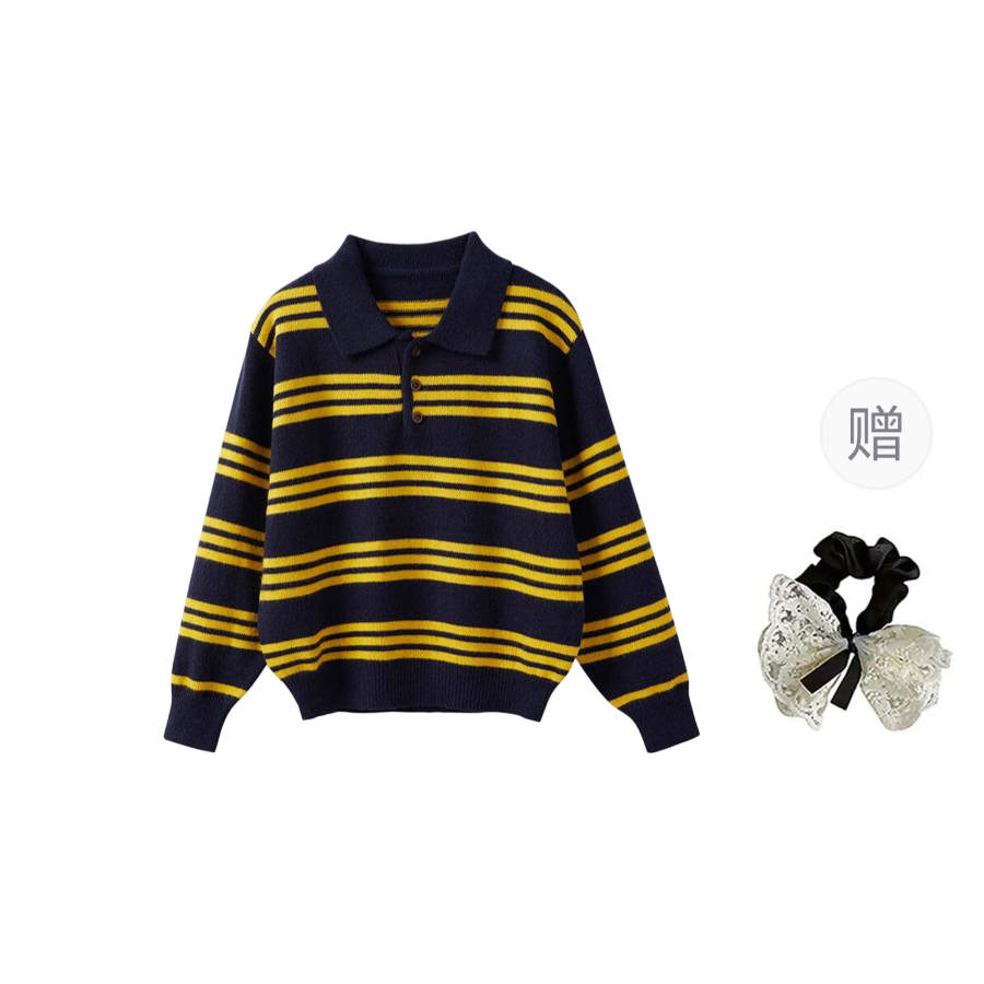 CPAURA Knitwear Women's Striped+Hair Tie, Comes With Lapel Moderate Base Layer