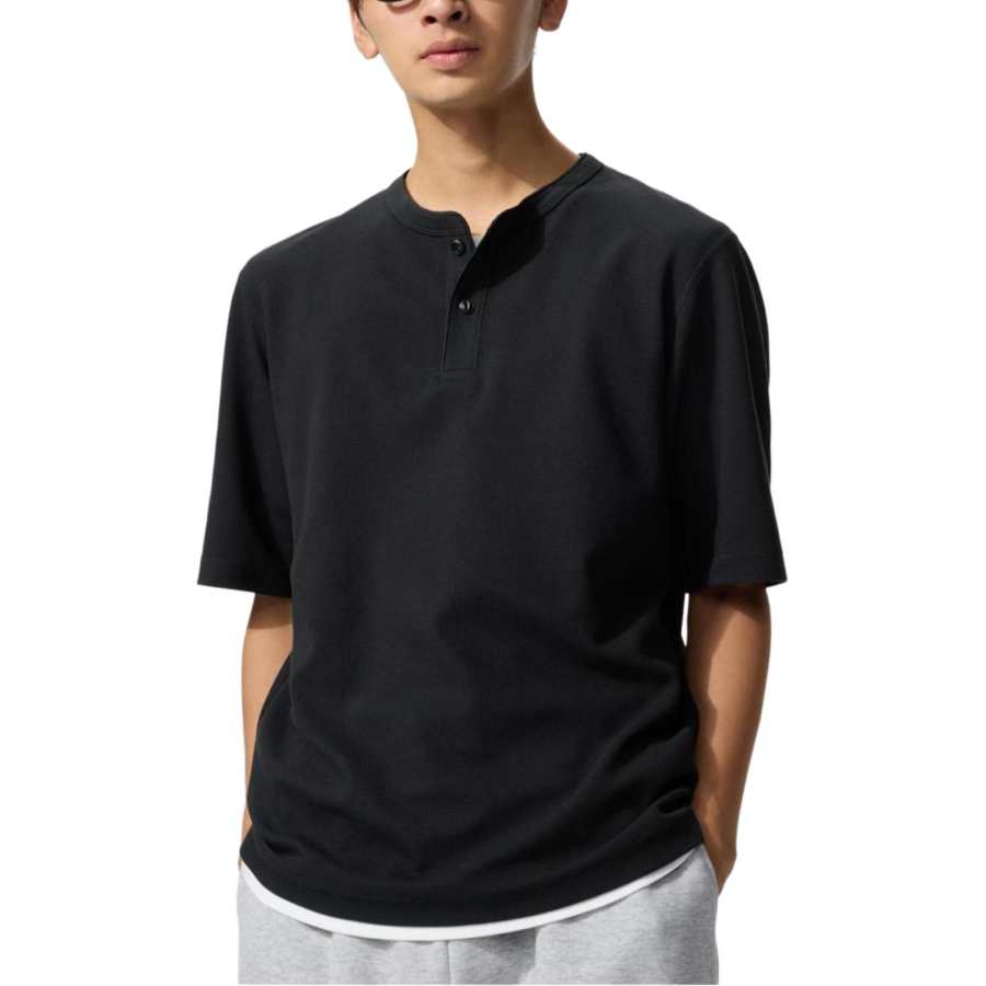 UNIQLO T Shirts Unisex Black Henry Collar