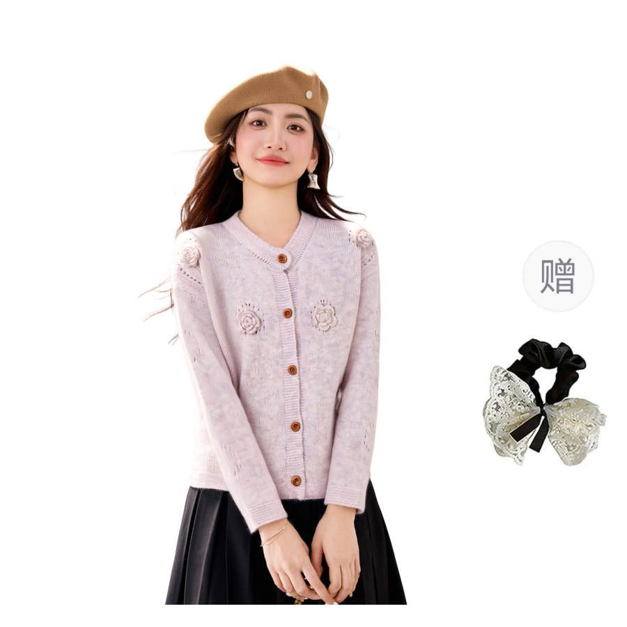 CPAURA Knitwear Women's Pink+Hair Tie Comes With V Neck Moderate Cardigan
