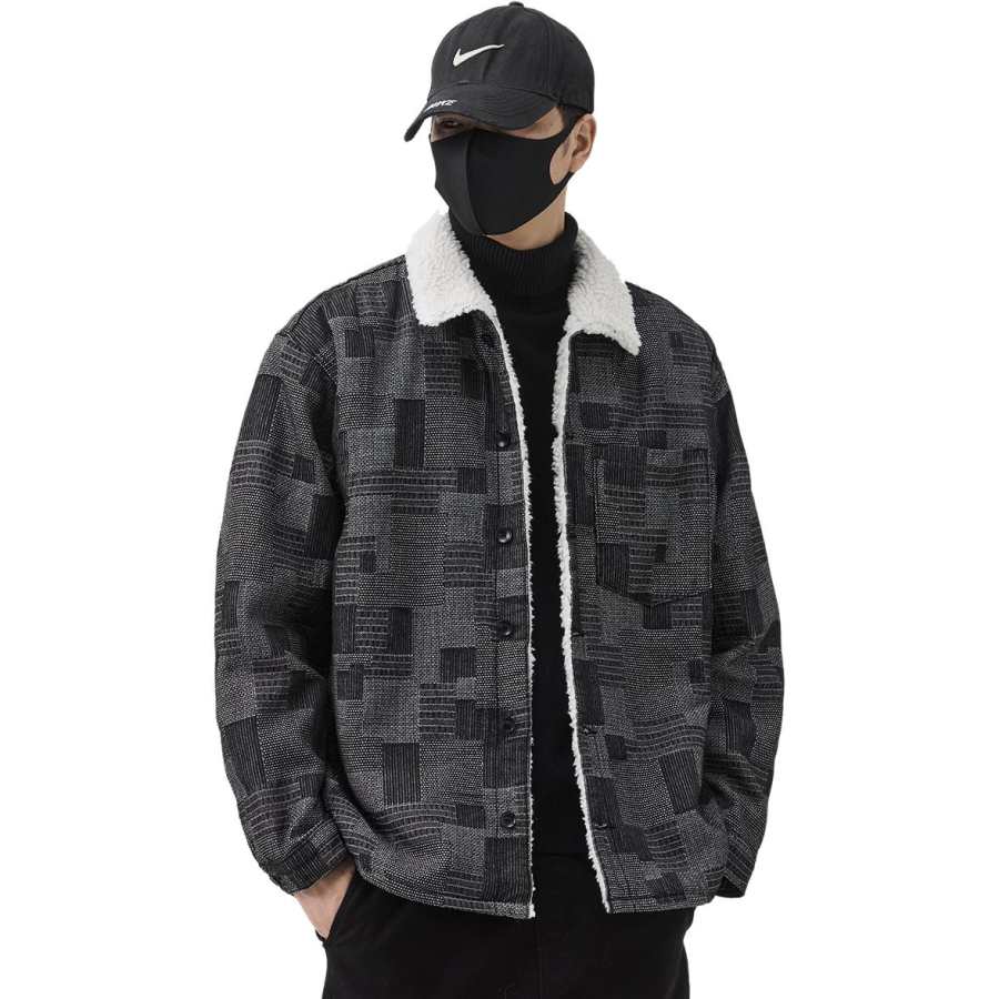 Tonlion Denim Jackets Unisex Black Lapel Thickened And Fleece Lined Straight Fit