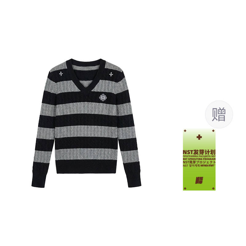 NSTNEW START Sweaters Women's Black Gray Stripes Free Sprouting Tag V Neck Moderate Other