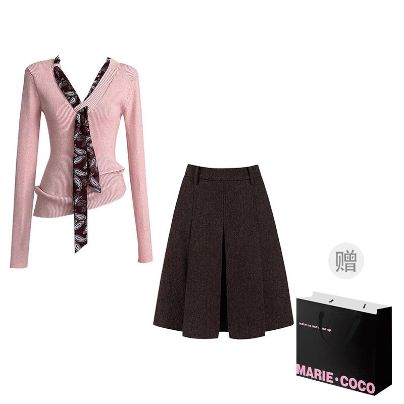 MARIE·COCO Two Piece Skirt Sets Women's V Neck Moderate Mid Length