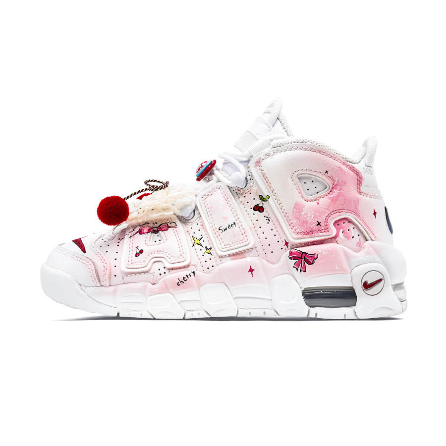 Nike Nike Air More Uptempo Grosgrain Concentric Knot Leather Mid top Vintage Basketball Shoes Women's White Pink