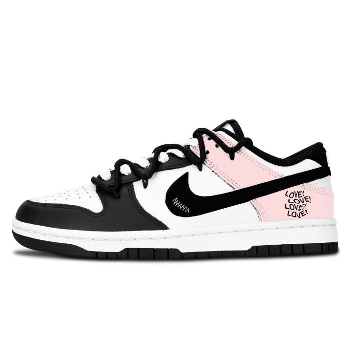 Nike Nike Dunk Black White, Pink Love Urban Chic Style Leather Slip Resistant Abrasion Resistant Low top Skateboard Shoes