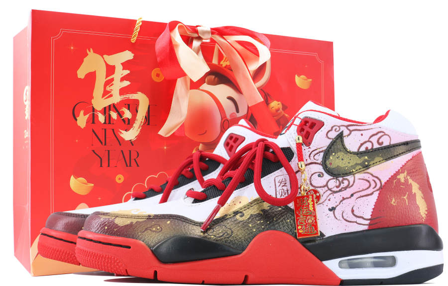 Nike Nike Flight Legacy FUMAO CHENGXIANG, Shopping Bag Mid top Vintage Basketball Shoes Unisex Red White Gold