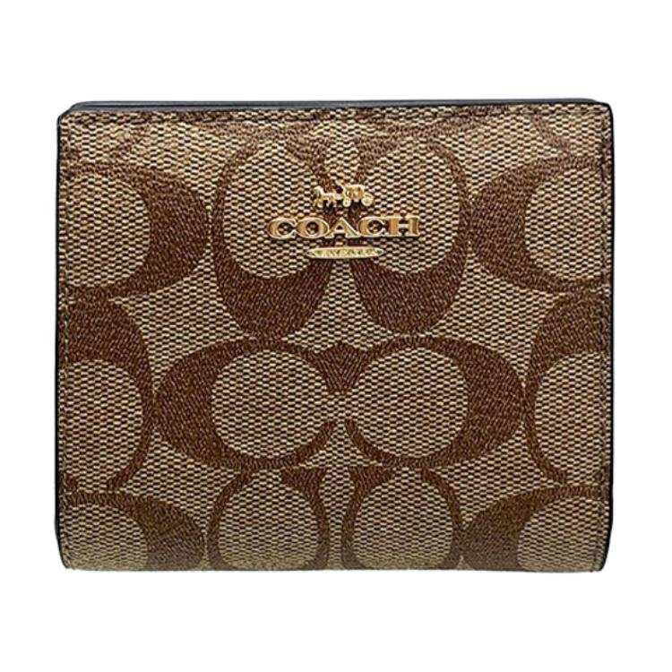 COACH Snap Wallet Coated Canvas With Leather Card Holder, Wallet Women's Brown Monogram