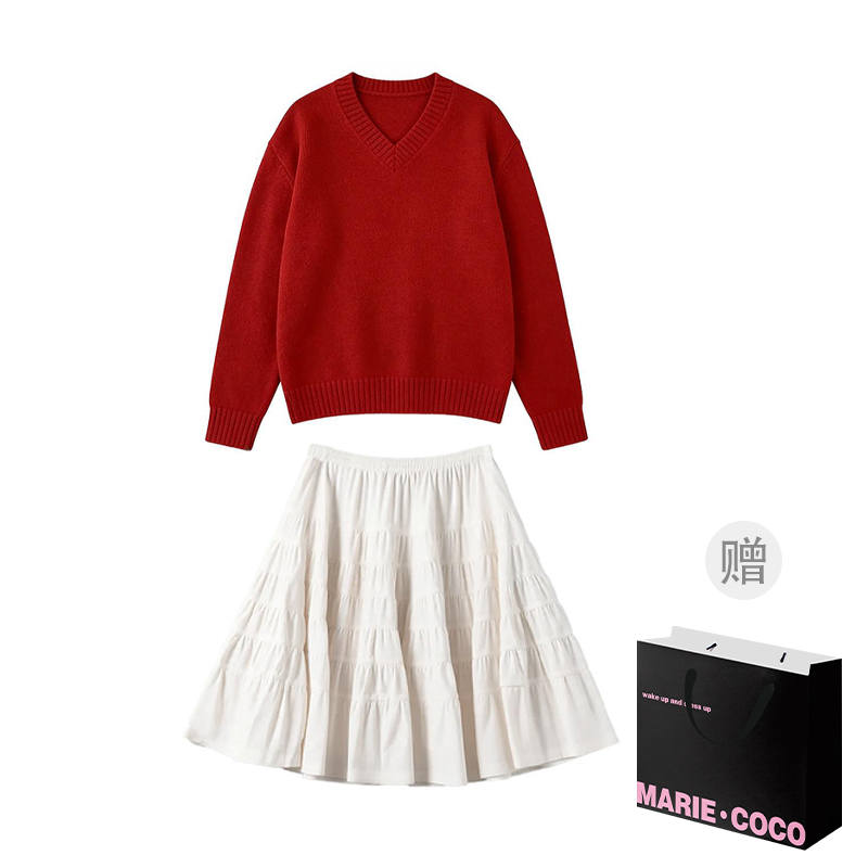 MARIE·COCO Two Piece Skirt Sets Women's V Neck Moderate Mid Length