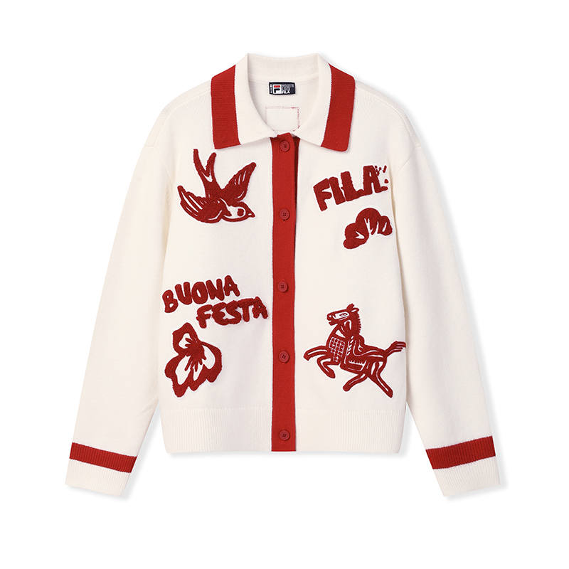 FILA CNY Sweaters Women's Cloud White Lapel Moderate Cardigan