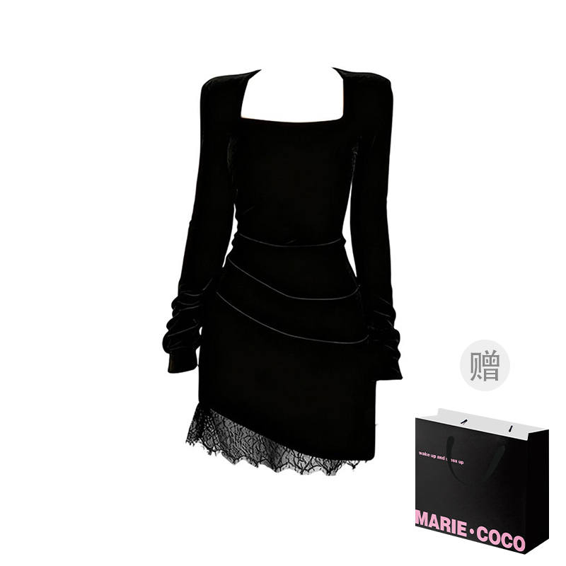 MARIE·COCO Long Sleeved Dresses Women's Long Sleeved Dress Square Collar Moderate Short