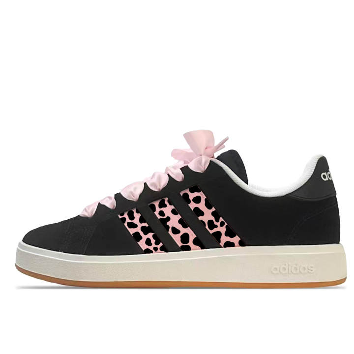 Adidas Adidas Grand Court Base 00s Pink Ink Leopard Print Synthetic Leather, Split Cow Leather Abrasion Resistant Low top