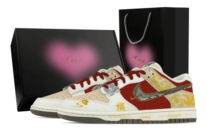 Nike Nike Dunk Fú Rì Zhù Dōng, Heart Box Leather Low top Skateboard Shoes Men's Beige Red