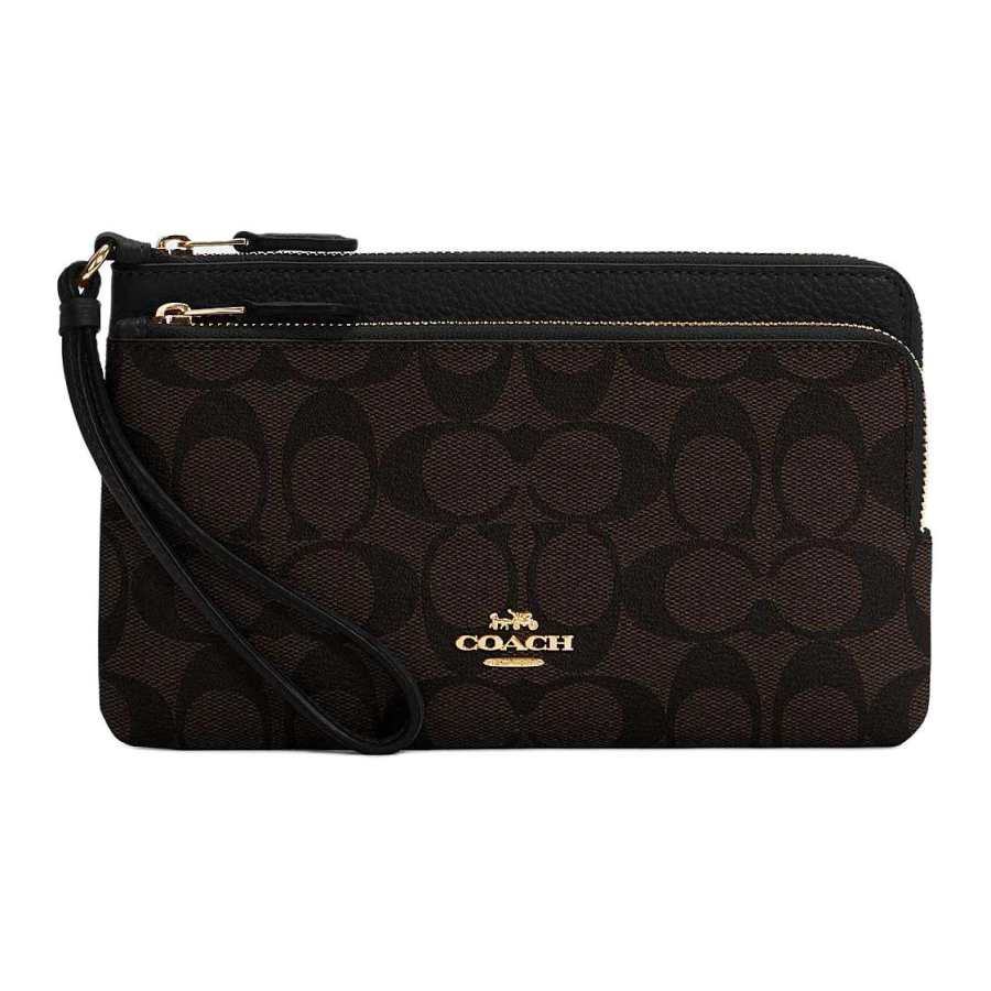 COACH Double Zip Wallet Leather With Coated Canvas Clutch Medium Women's Black Monogram