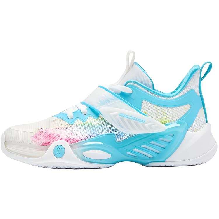 QIAODAN Fabric Slip Resistant Anti Kick Abrasion Resistant Low top Children's Basketball Shoes White Blue Kids'