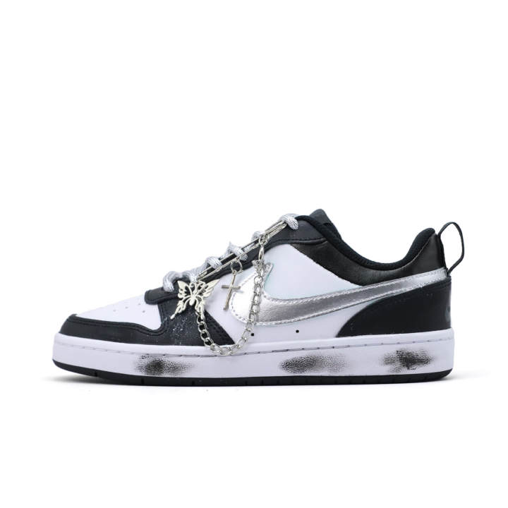 Nike Nike Court Borough Silver Butterfly Chain Shadow Leather Abrasion Resistant Low top Skateboard Shoes Black Silver Kids'
