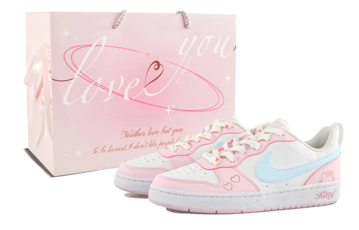 Nike Nike Court Borough RISK White Peach Mint Kitten Leather Abrasion Resistant Low top Kids' Skateboarding Shoes Pink Blue