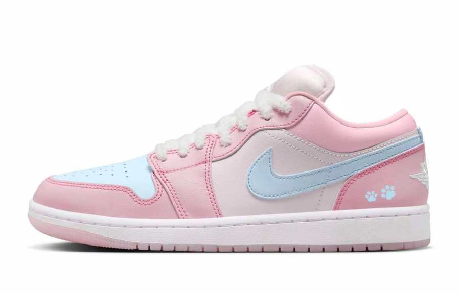 Jordan Jordan Air Jordan 1 Blue Pink Meow Abrasion Resistant Abrasion Resistant Low top Children's Basketball Shoes Pink Blue