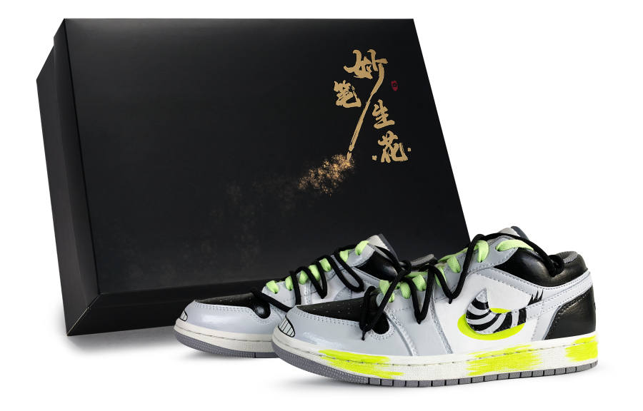 Jordan Jordan Air Jordan 1 Slip Resistant Abrasion Resistant Low top Children's Basketball Shoes Black White Gray Green