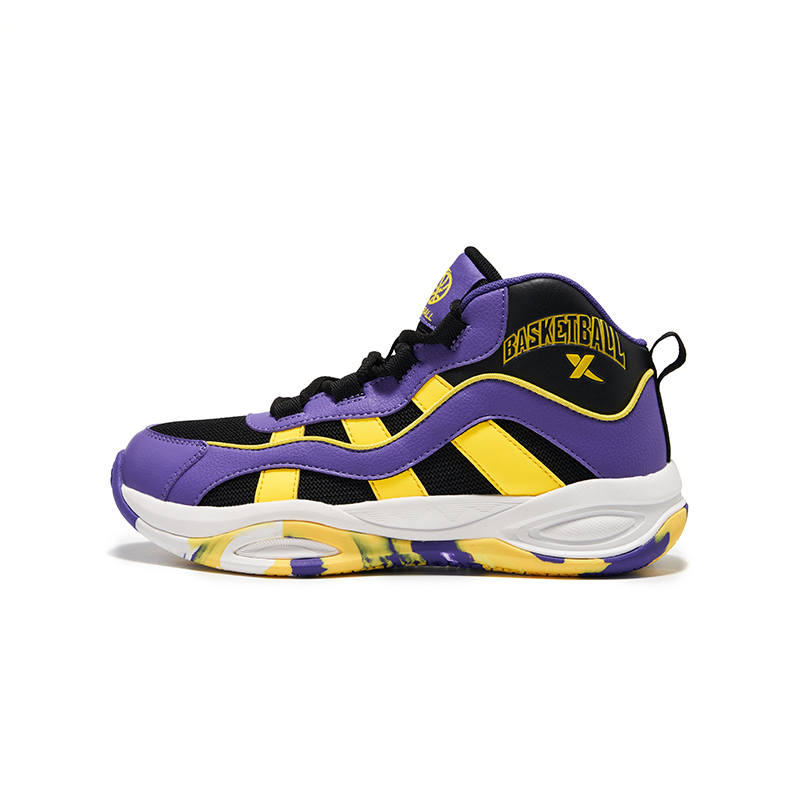 XTEP Synthetic Leather Mid top Basketball Shoes Black Purple Outer Light Teenagers