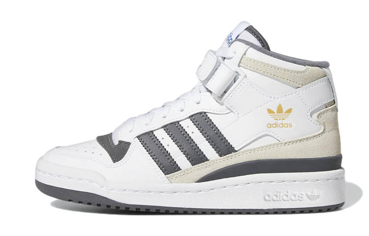 Adidas Originals FORUM Mid J Casual Abrasion Resistant Mid top Kids' Skateboarding Shoes White Gray Teenagers
