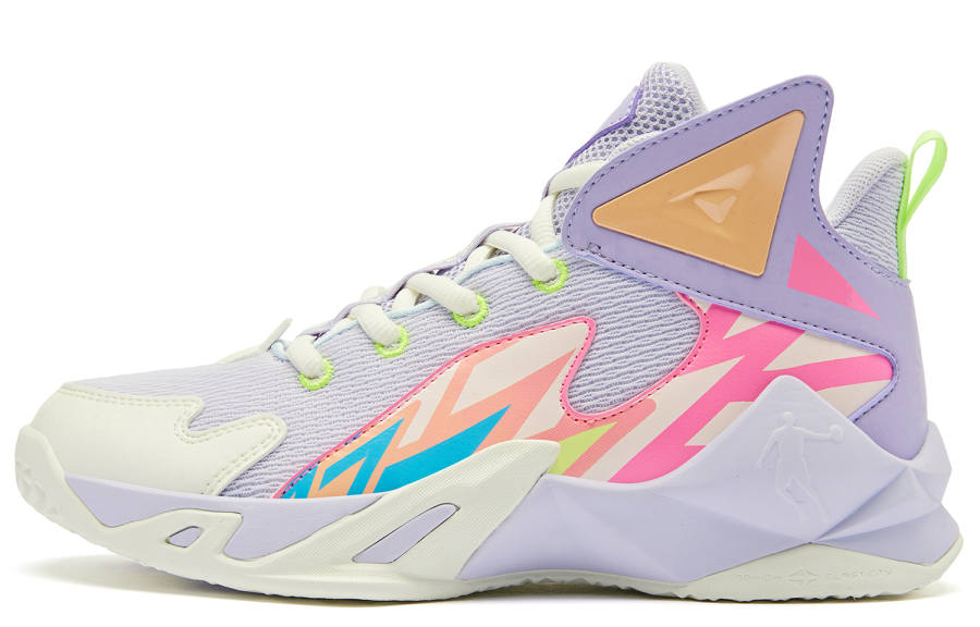 QIAODAN Cushioning, Wear Resistant Mid top Basketball Shoes Ice Hydrogen Purple Ivory Teenagers