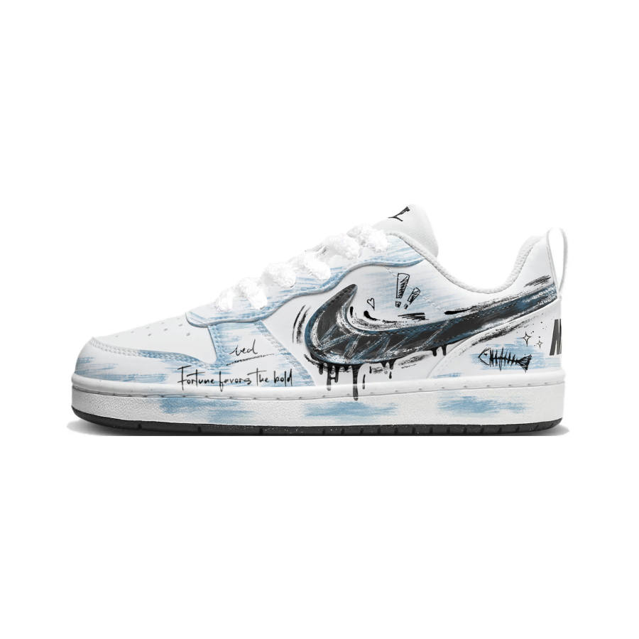 Nike Nike Court Borough Blue Graffiti Synthetic Leather Low top Skateboard Shoes Black White Blue Kids'