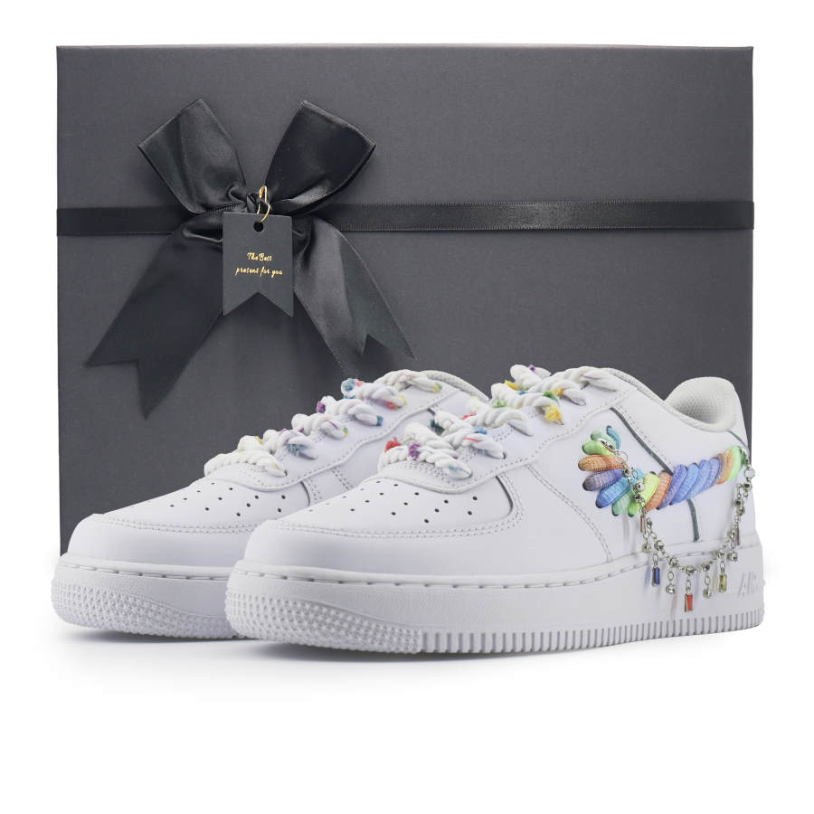 Nike Nike Air Force 1 Rainbow Chain Slip Resistant Abrasion Resistant Low top Kids' Skateboarding Shoes White Multicolor