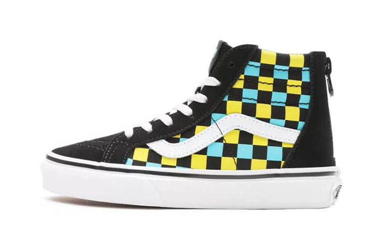 Vans SK8 Slip Resistant Abrasion Resistant High top Skateboard Shoes Black Green Yellow Children Aged 3 7 Years Old