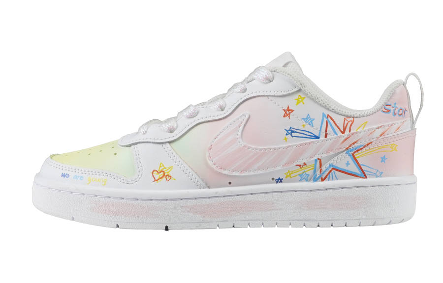 Nike Nike Court Borough 2 Painted Stars Anti Slip Wear Resistant Low Top Kids' Skateboarding Shoes White Pink Teenagers