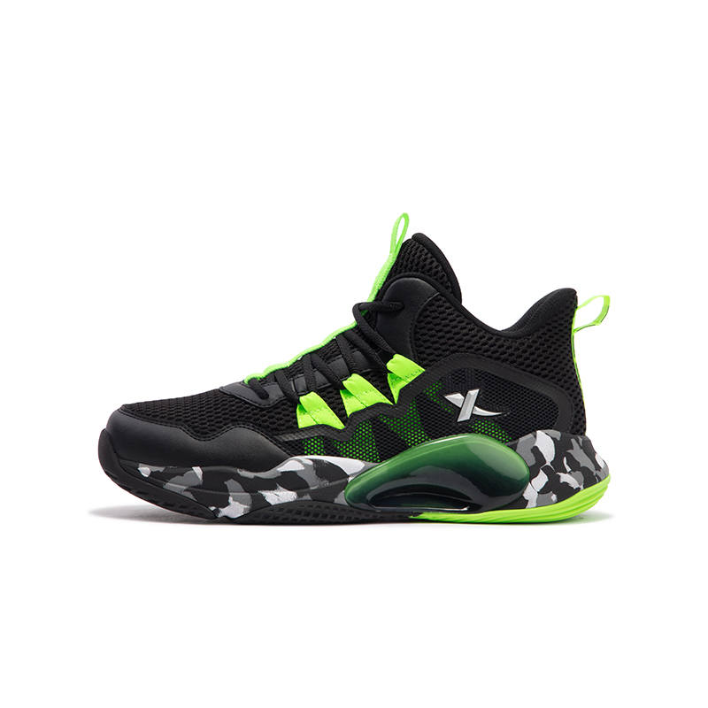 XTEP Synthetic Leather Cushioning Abrasion Resistant Rebound Balance High top Basketball Shoes Black/Neon Green