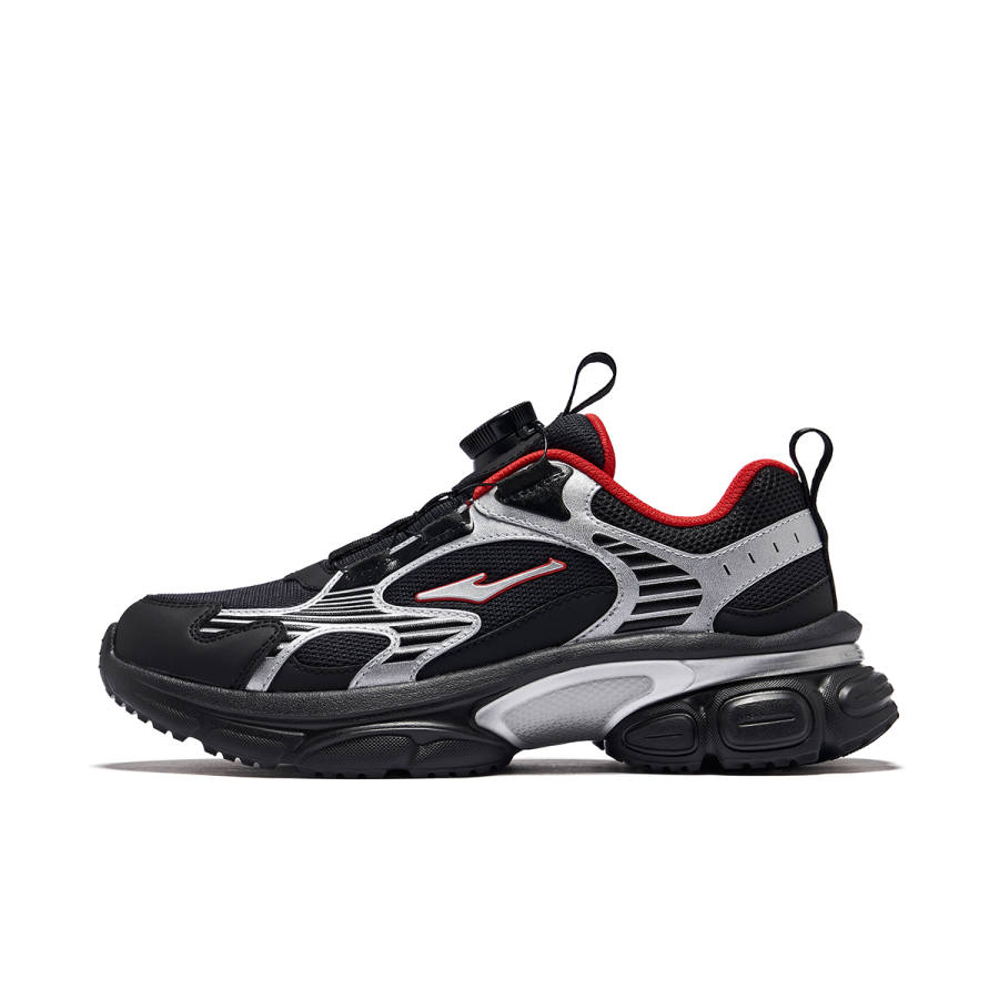 ERKE KIDS Synthetic Leather, Textile Anti Kick Support Low top Kids Lifestyle Shoes Jet Black/Bright Silver/Crimson Red