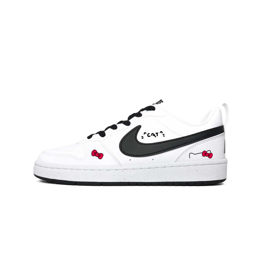 Nike Nike Court Borough Cat Girl Synthetic Leather Abrasion Resistant Low top Kids' Skateboarding Shoes Black Red Teenagers
