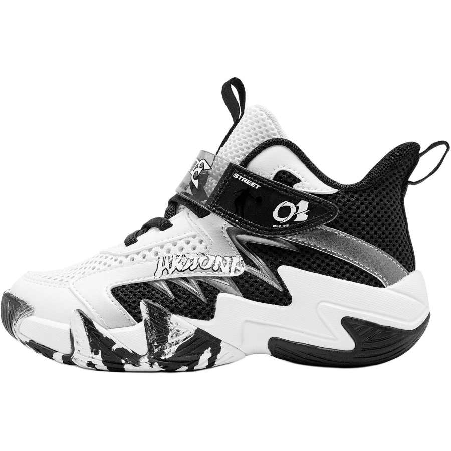 QIAODAN Anti Kick Abrasion Resistant Mid top Children's Basketball Shoes Black White Children Aged 3 7 Years Old