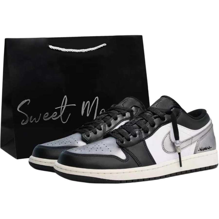 Jordan Jordan Air Jordan 1 Low Abrasion Resistant Slip Resistant Low top Children's Basketball Shoes Silver Black Teenagers