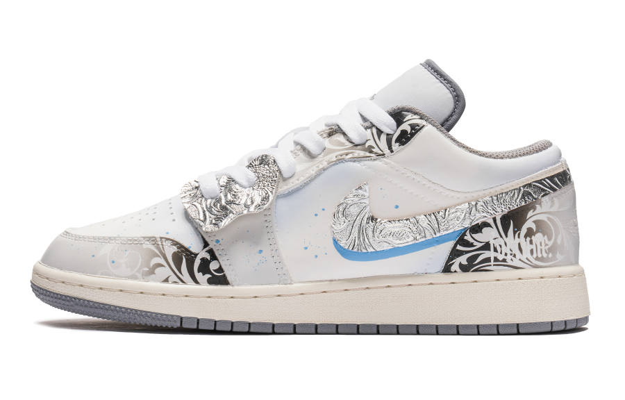 Jordan Jordan Air Jordan 1 Leather Slip Resistant Low top Children's Basketball Shoes Gray Silver Teenagers