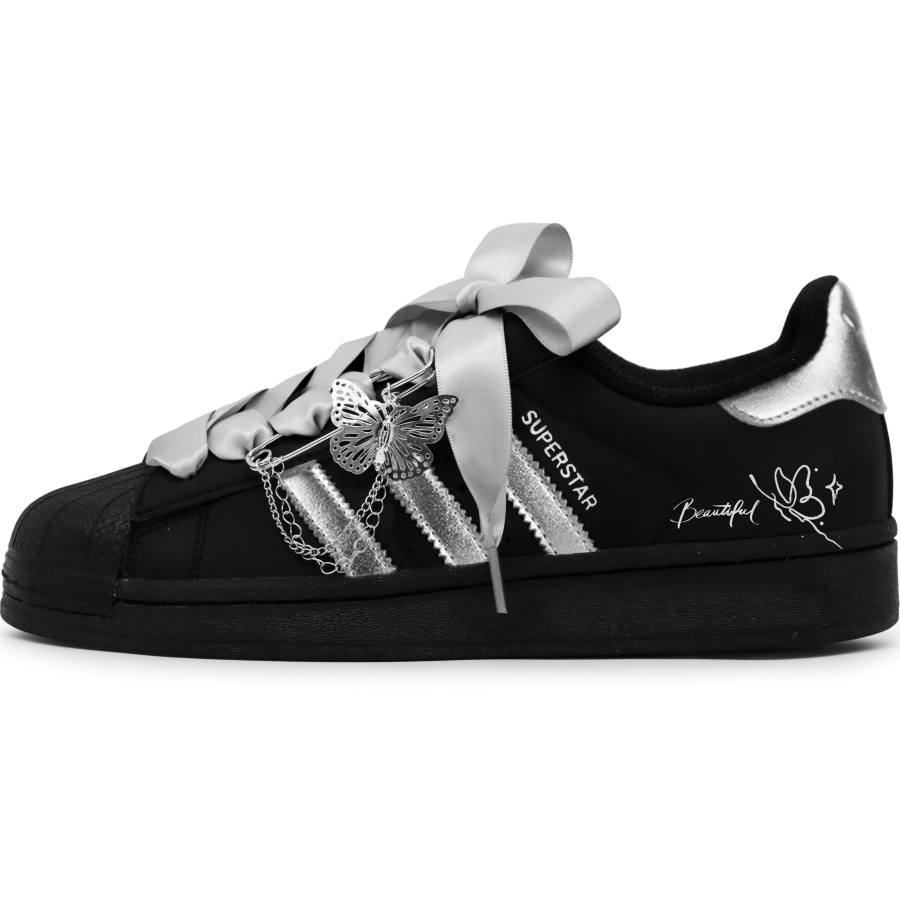 Adidas Originals Superstar 2 Dark Night Butterfly Chapter Leather Kids' Skateboarding Shoes Silver Black Unisex