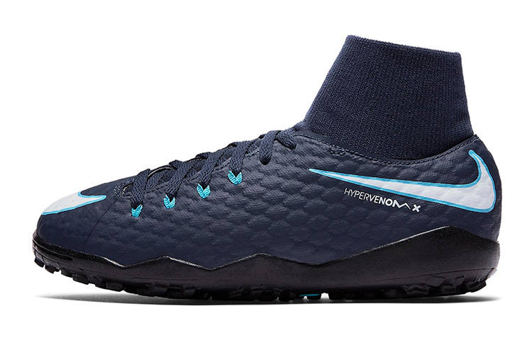 Nike Nike JR Hypervenomx Phelon 3 DF TF Slip Resistant Cushioning Abrasion Resistant Mid top Kids' Soccer Shoes Blue White
